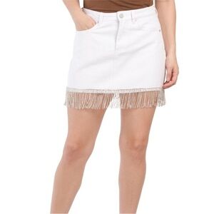 BLANK NYC White Denim Fringe Rhinestone Mini Skirt